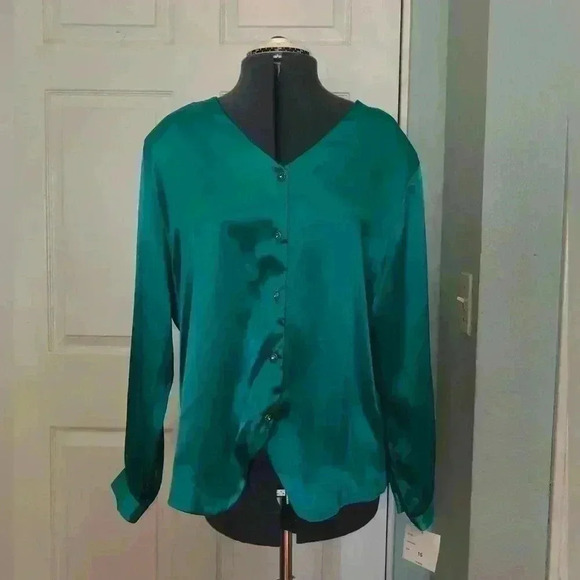 NOTATIONS WOMEN DEAD STOCK LONG SLEEVE SILKY FEEL DARK GREEN TEAL? BLOUSE 16W - Picture 1 of 6
